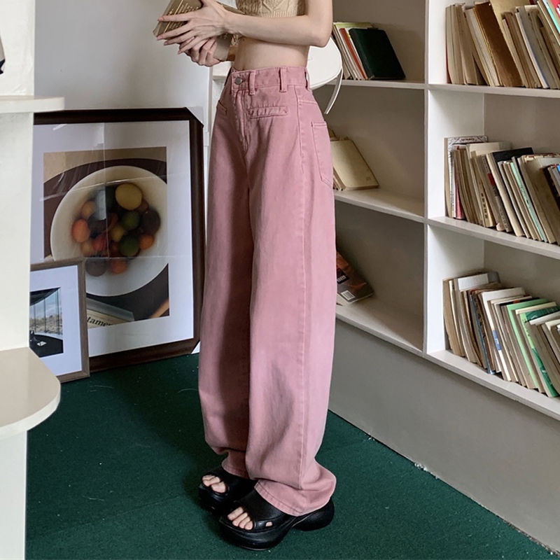 Quần Jean Dài Lưng Cao Ống Rộng Màu Hồng Thời Trang Xuân Thu Phong Cách Hàn Quốc Mới Cho Nữ