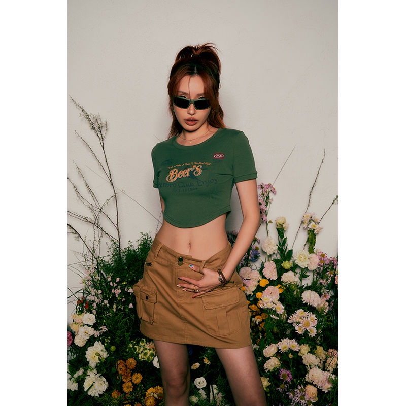 Áo Thun Tay Ngắn Viền Cong In Họa Tiết Phong Cách Retro Mỹ Thời Trang Cho Nữ