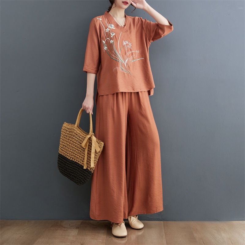 Bộ Quần Áo Cotton Lanh Ống Rộng Thêu Họa Tiết Dân Tộc Màu Sắc Thời Trang Mùa Hè Dành Cho Nữ