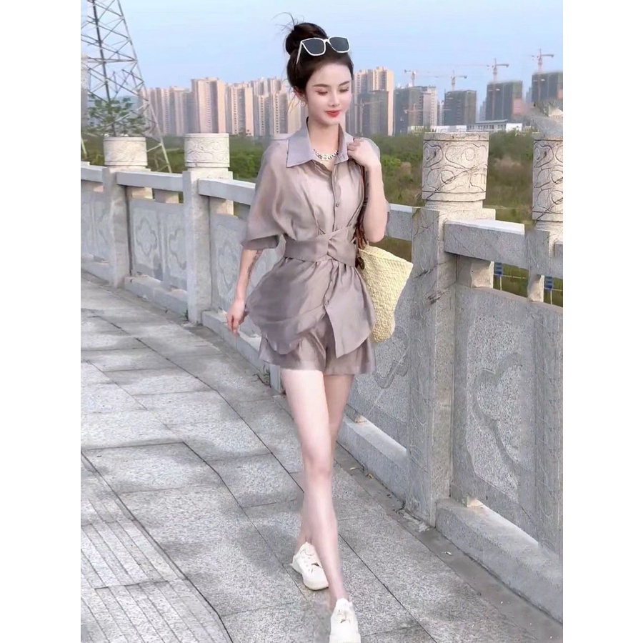 Bộ Áo Sơ Mi Chống Nắng Phối Quần Short Lưng Cao Thời Trang Mùa Hè Cho Nữ