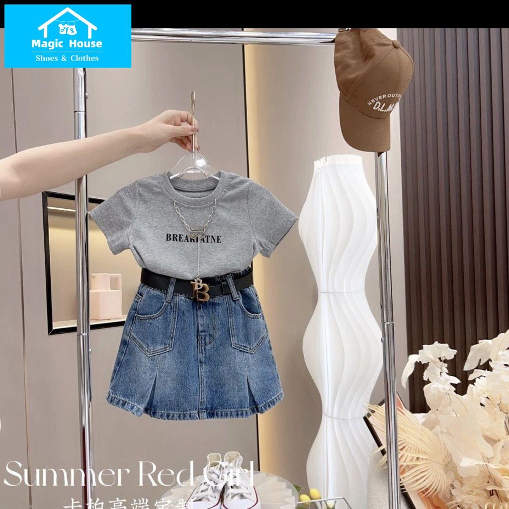 Set Áo Thun Ngắn Tay In Chữ + Chân Váy Denim Ngắn Thời Trang Hè Hàn Quốc Mới 2023 Cho Bé Gái