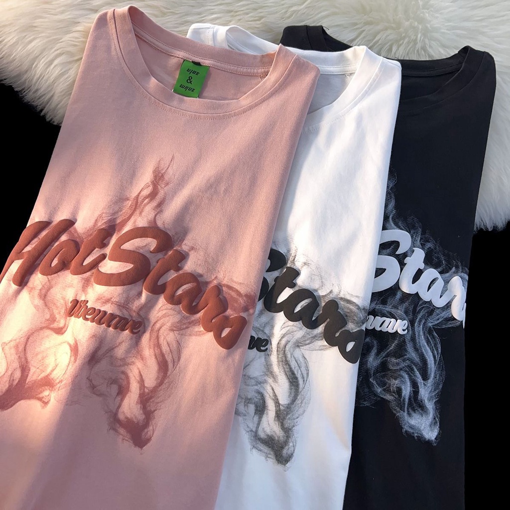 Áo Thun Tay Ngắn In Hình Ngôi Sao Màu Hồng Phong Cách Retro Dành Cho Nam Nữ