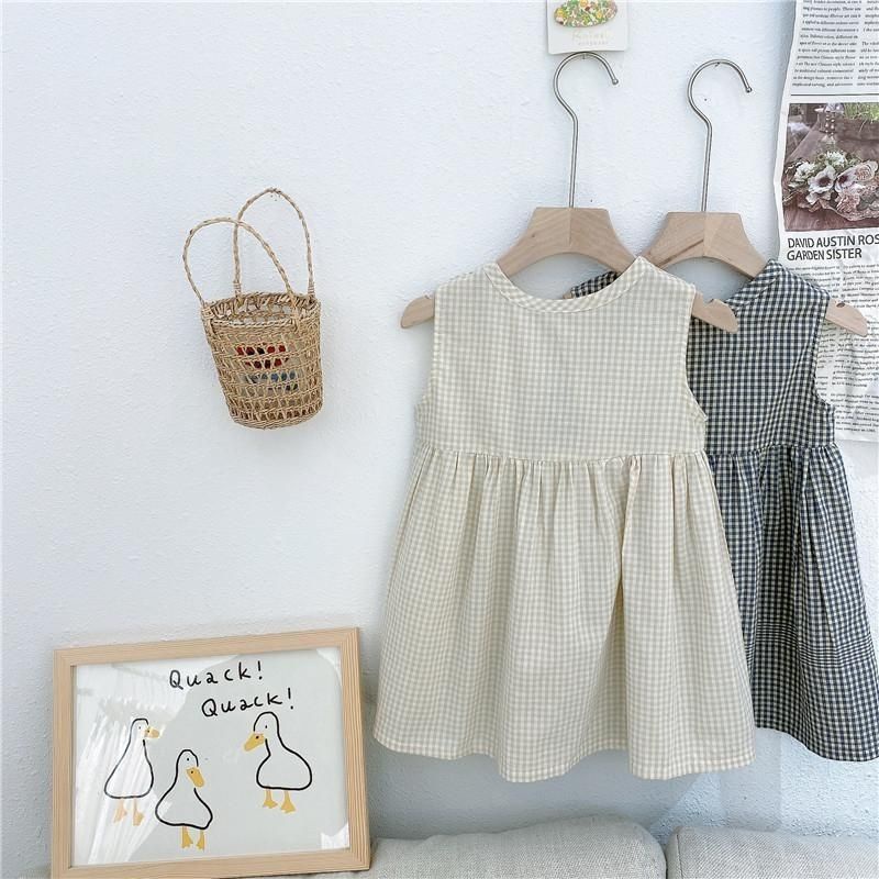 Đầm Cotton Không Tay Họa Tiết Sọc Caro Thời Trang Mùa Hè Hàn Quốc Cho Bé Gái