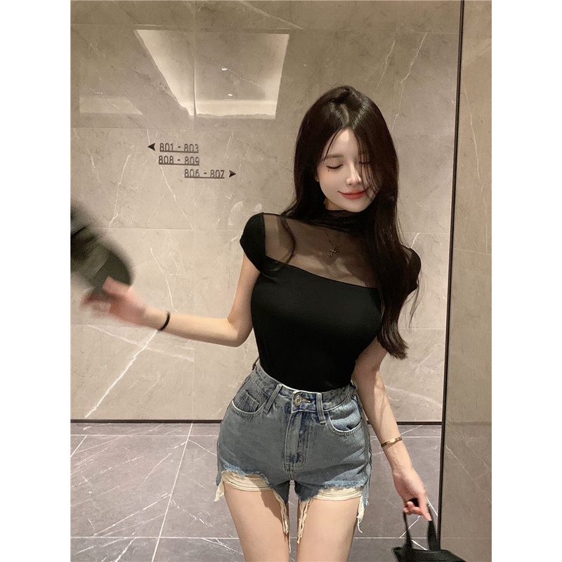 Áo Thun Tay Ngắn Cổ Cao Phối Lưới Mỏng Thời Trang Mùa Hè Hàng Mới Dành Cho Bạn Nữ