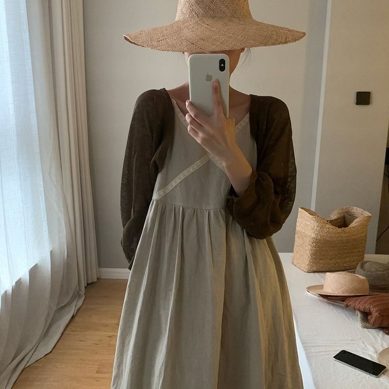 Áo Khoác Cardigan Dệt Kim Mỏng Chống Nắng Kèm Đầm Hai Dây Thời Trang Mùa Hè Cho Nữ