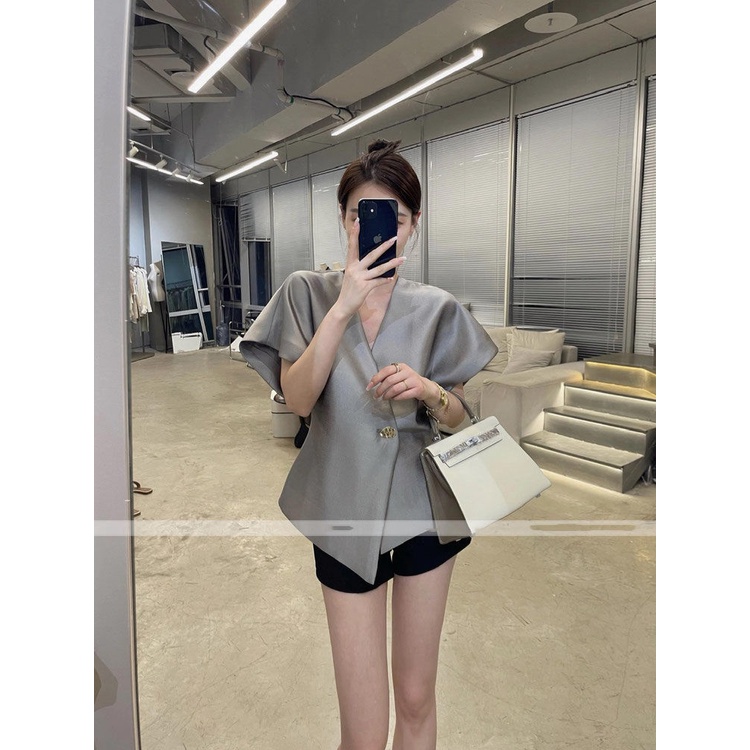 Áo Thun Xám Cổ Chữ v Eo Hẹp Phong Cách Phương Tây Thời Trang Mùa Hè Cho Nữ