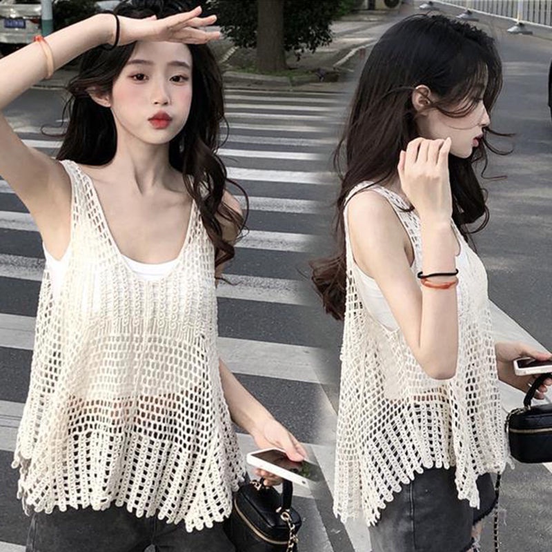 Hàng Mới Về PPHOME Áo Không Tay Dáng Rộng Thiết Kế Đan Móc Rỗng Phong Cách Blogger ~