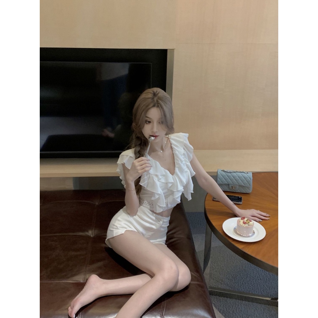 Áo Sơ Mi Ngắn Tay Phối Ren + Quần Short Lưng Cao Thời Trang Mùa Hè Hàng Mới