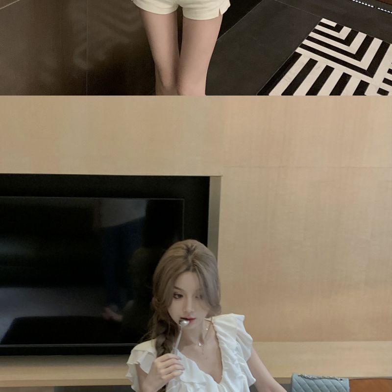 Áo Sơ Mi Ngắn Tay Phối Ren + Quần Short Lưng Cao Thời Trang Mùa Hè Hàng Mới