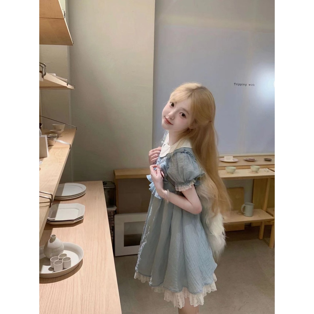 Đầm Ngủ Ngắn Tay Phồng Cổ Búp Bê Phối Ren Thời Trang Mùa Hè Cho Nữ