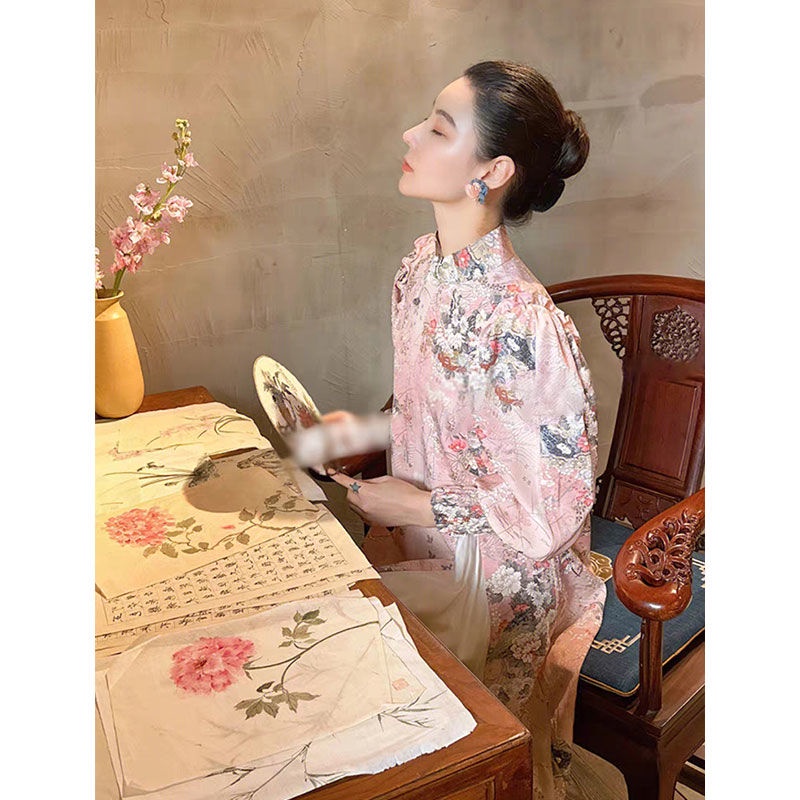 Đầm Sườn Xám Cách Tân Cổ Đứng Cài Khóa In Hoa Kiểu Pháp Thời Trang Mùa Xuân 2023 Cho Nữ