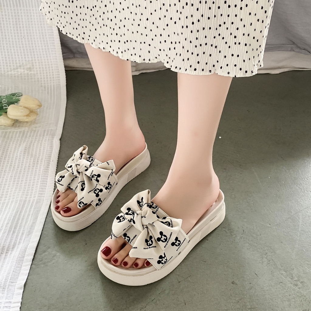 Dép Sandal Đế Phẳng Dày Dặn Đính Nơ Dễ Thương Thoải Mái Thời Trang Mùa Hè Dành Cho Bạn Nữ Mang Ngoà