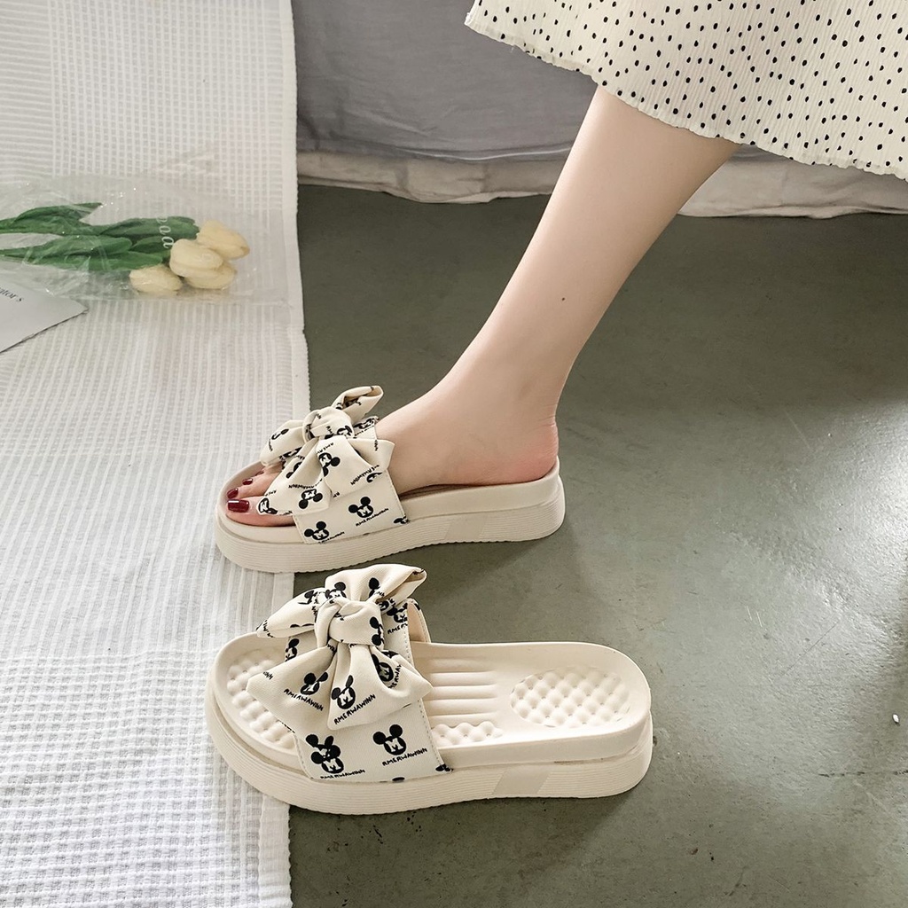 Dép Sandal Đế Phẳng Dày Dặn Đính Nơ Dễ Thương Thoải Mái Thời Trang Mùa Hè Dành Cho Bạn Nữ Mang Ngoà