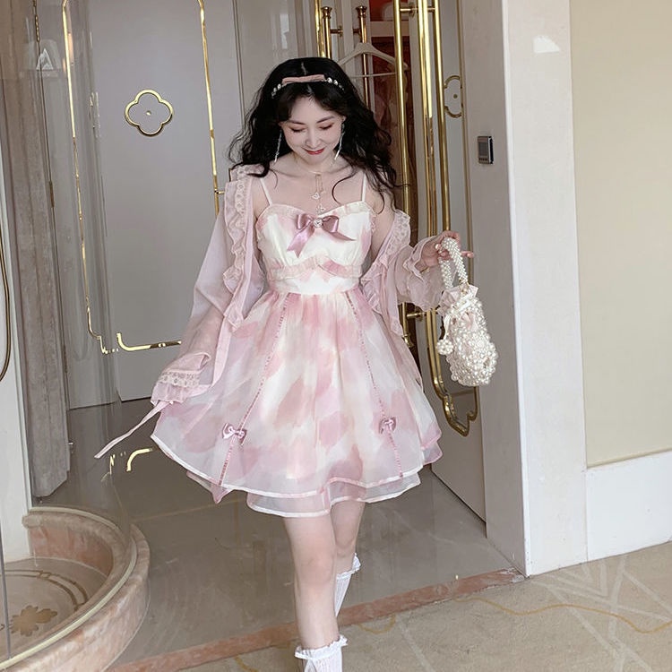 Đầm công chúa Đầm Hai Dây Mỏng Nhẹ Đính Nơ Kim Cương Phong Cách Pháp Ngọt Ngào Thời Trang Mùa Hè Cho Nữ