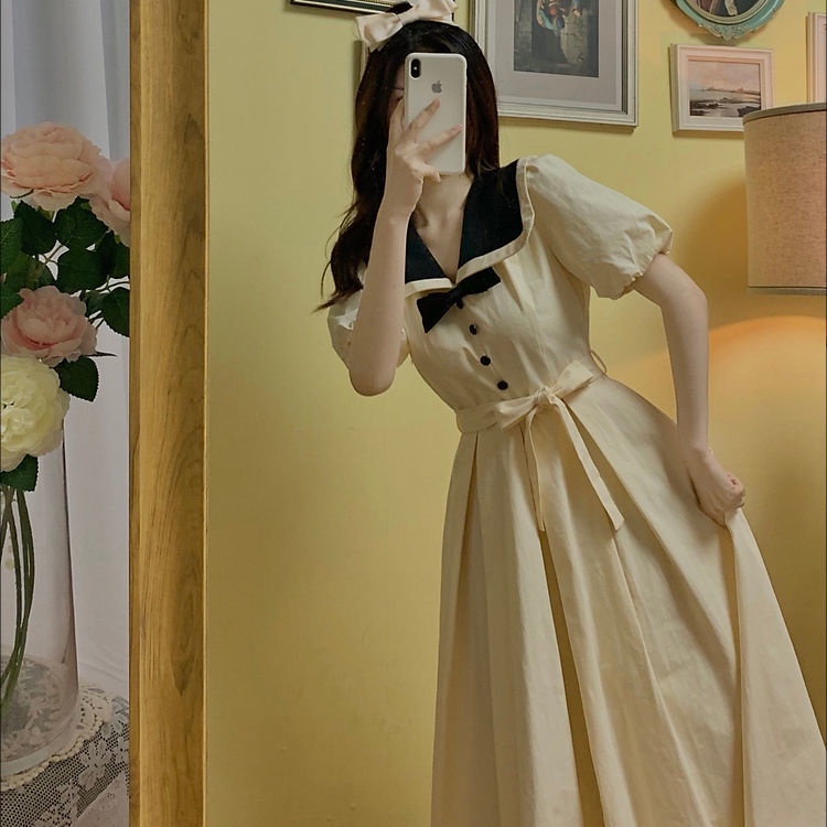 Đầm Dài Cổ Thủy Thủ Ôm Eo Thoải Mái Phong Cách Retro Pháp Ngọt Ngào Cho Nữ