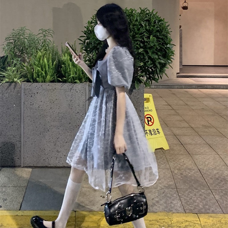 Đầm Dài Qua Gối Tay Phồng Đính Nơ Phong Cách Retro Pháp Thời Trang Mùa Hè Dành Cho Học Sinh