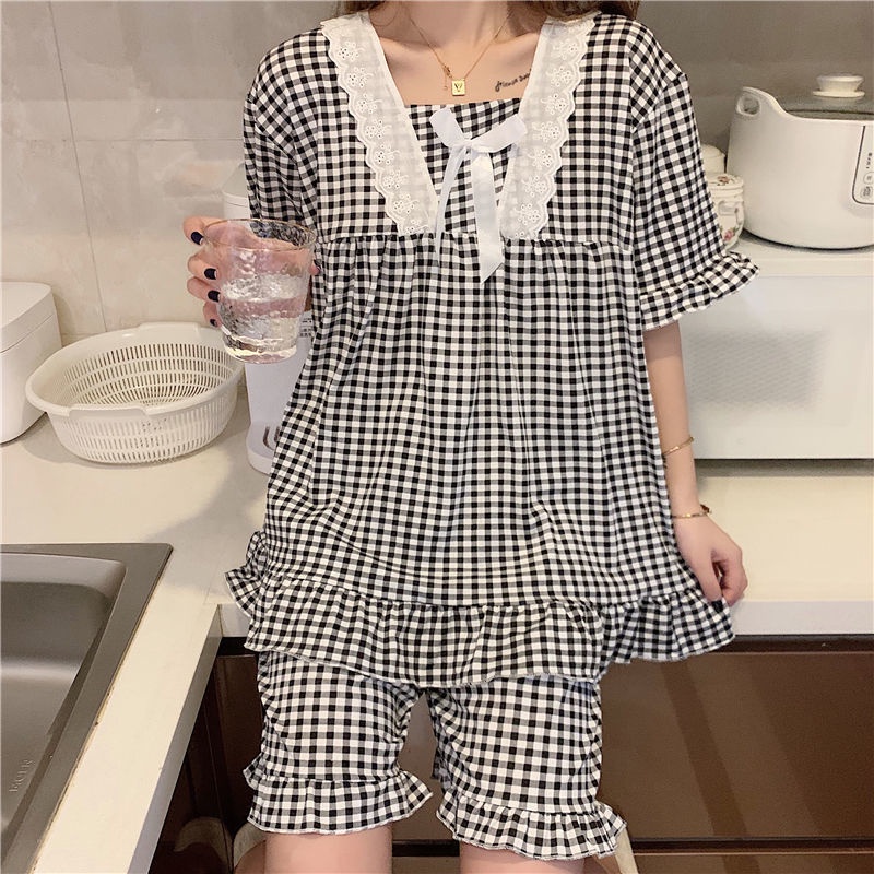 Bộ Đồ Ngủ Áo Tay Ngắn Phối Quần Short Họa Tiết Caro Dễ Thương Phong Cách Hàn Quốc Thời Trang Mùa Hè Cho Nữ