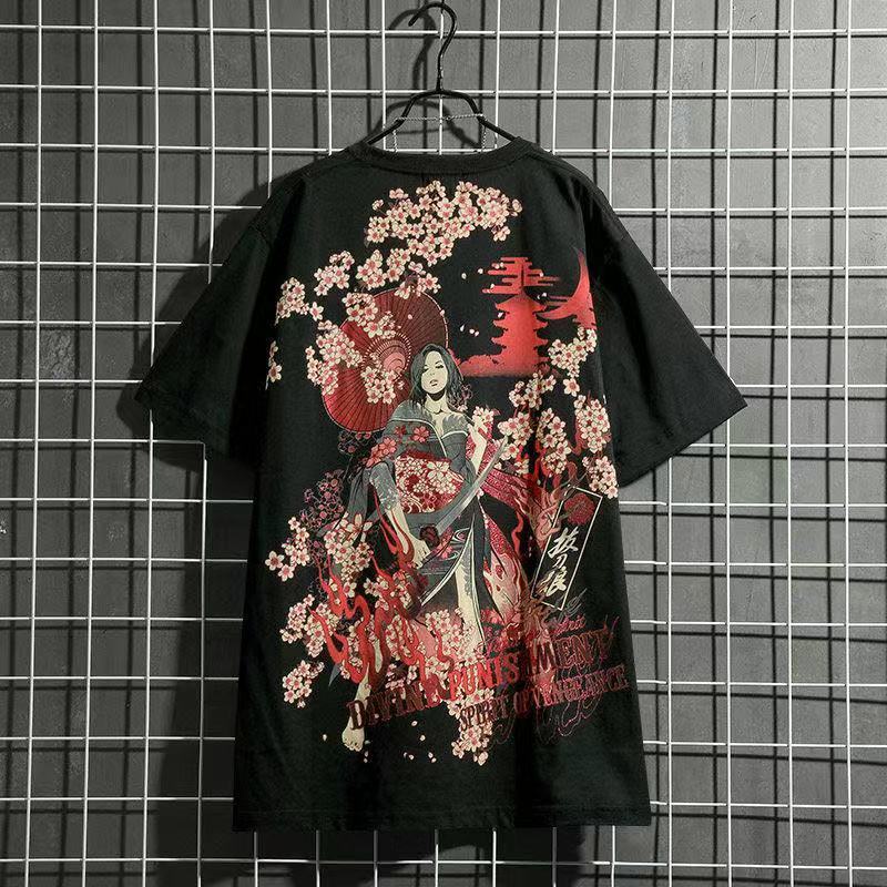 Áo Thun cotton Tay Ngắn In Hình Swordsman Hoa Anh Đào Ukiyo-e Phong Cách Nhật Bản Trẻ Trung Cho Nam