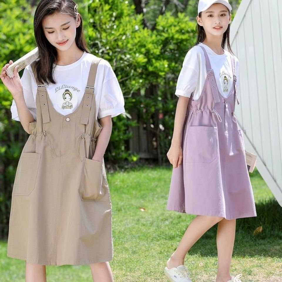 Set Áo Thun Cotton Ngắn Tay + Đầm Yếm Phong Cách Hàn Quốc Thời Trang Mùa Hè Mới 2021 W1DX Cho Bé Gái