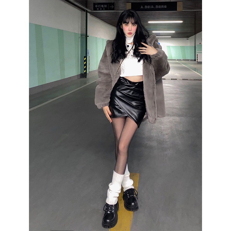 Jiashucheng Chân Váy Da Lưng Cao Thời Trang Xinh Xắn Dành Cho Nữ