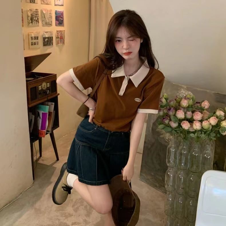 Áo Thun Polo Ngắn Tay Phối Màu Tương Phản Thời Trang Mùa Hè Cho Nữ