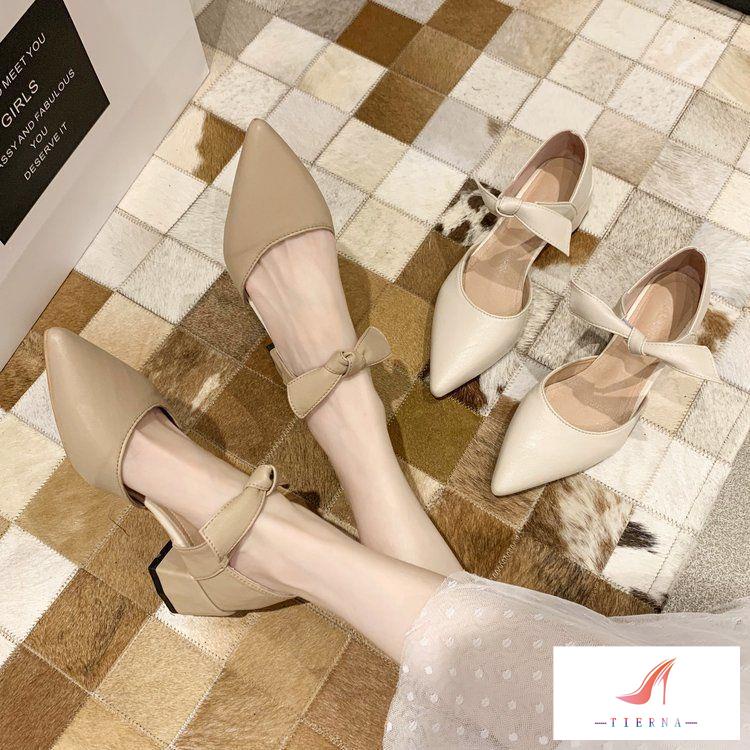 Giày Sandal Cao Gót Mũi Nhọn Đính Nơ Phong Cách Mới 2023 Cho Nữ