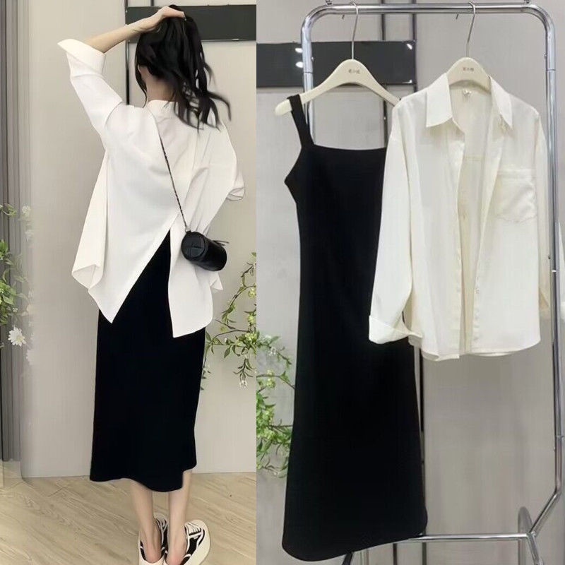 Set Áo Sơ Mi Phối Chân Váy Hai Dây Xẻ Tà Cỡ Lớn Thời Trang Xuân 2023 Trẻ Trung