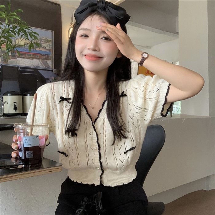 COZOK Áo Thun Dệt Kim Ngắn Tay Khoét Lỗ Đính Nơ Phong Cách retro Thời Trang