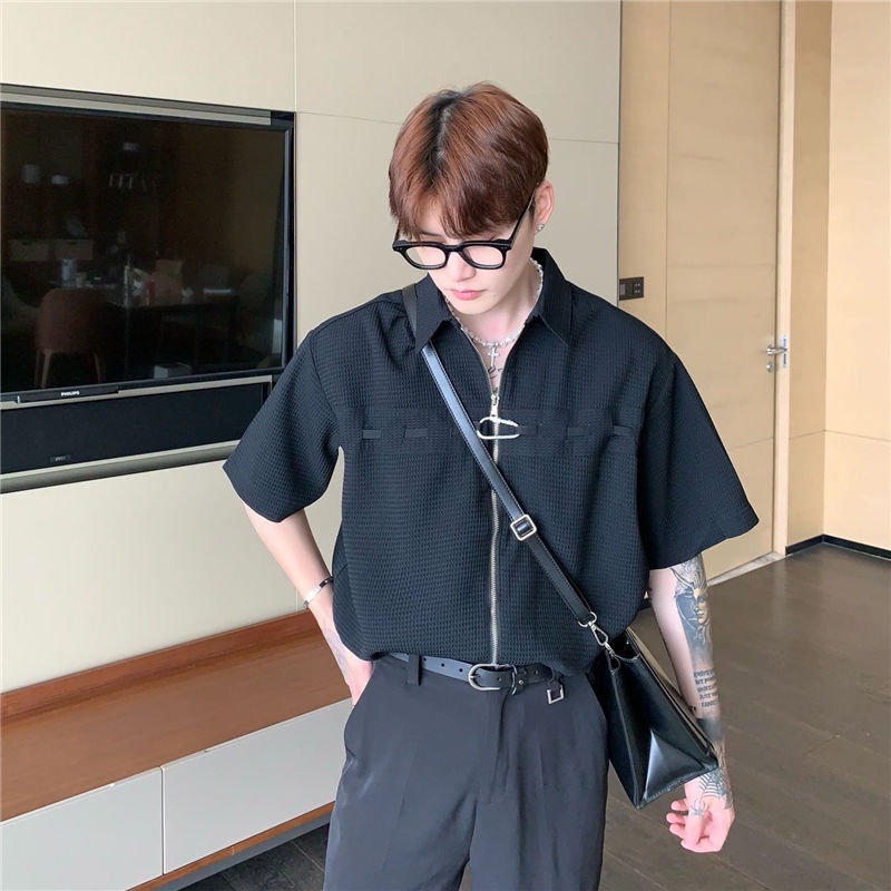 Áo Sơ Mi Tay Ngắn Dáng Rộng Có Khóa Kéo Phong Cách Thời Trang Đường Phố Mỹ Cho Nam Và Nữ