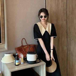 Đầm Đen Dáng Dài Cổ Búp Bê Phong Cách Pháp Thời Trang Xuân Hè Xinh Xắn Cho Nữ