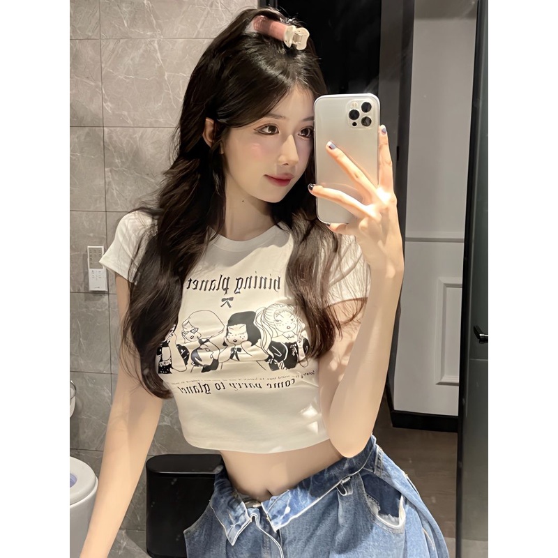 Áo Thun Tay Ngắn Hở Vai Dáng Ôm Phong Cách Mỹ Thời Trang Mùa Hè Cho Nữ