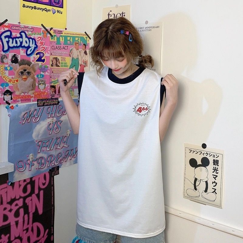 Jiashucheng Áo Thể Thao Sát Nách Dáng Rộng Màu Sắc Tương Phản Phong Cách Retro