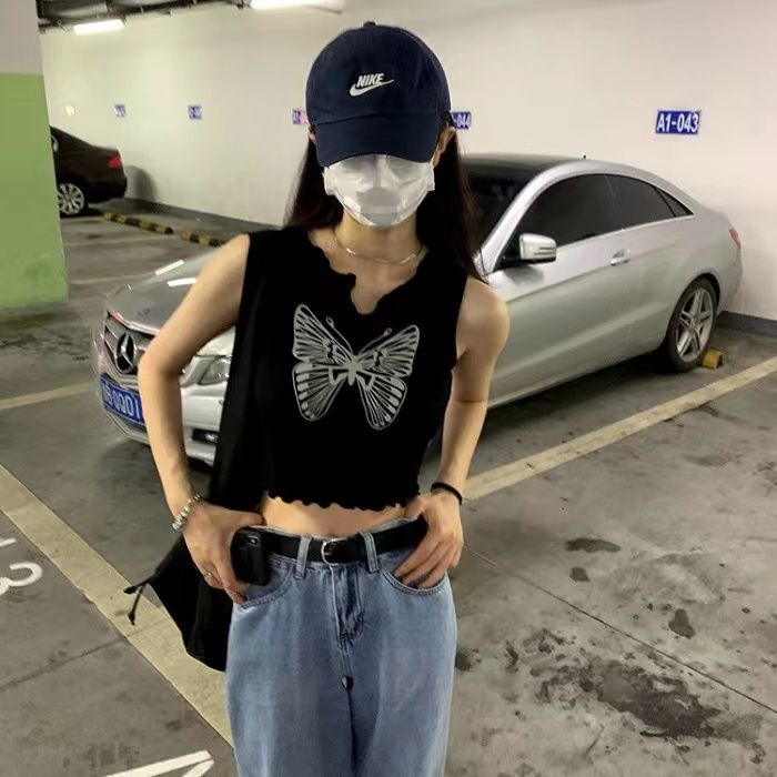 Áo Hai Dây Dáng Ngắn Họa Tiết Bướm Màu Đen Phong Cách Retro Mỹ Thời Trang Mùa Hè Xinh Xắn