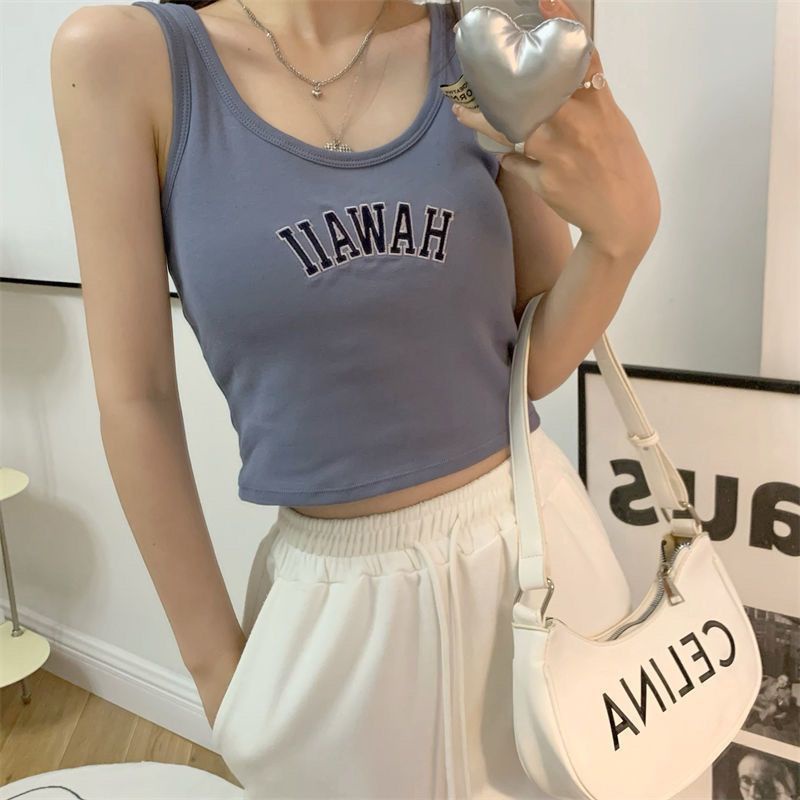 Áo Hai Dây Cotton Trơn Thêu Chữ Ôm Dáng Dễ Phối Đồ