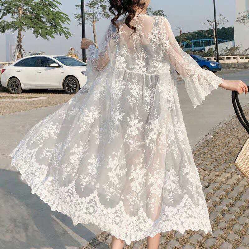 Áo Khoác Cardigan Chống Nắng Dáng Rộng Tay Chuông Bằng Vải Tuyn Phối Ren Thời Trang Mùa Hè Hàng Mới Dành Cho Bạn Nữ