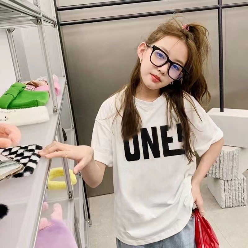 M & H ~  Áo Thun Cotton Nguyên Chất Ngắn Tay In Chữ Phong Cách Mới 2023 Cho Bé Gái