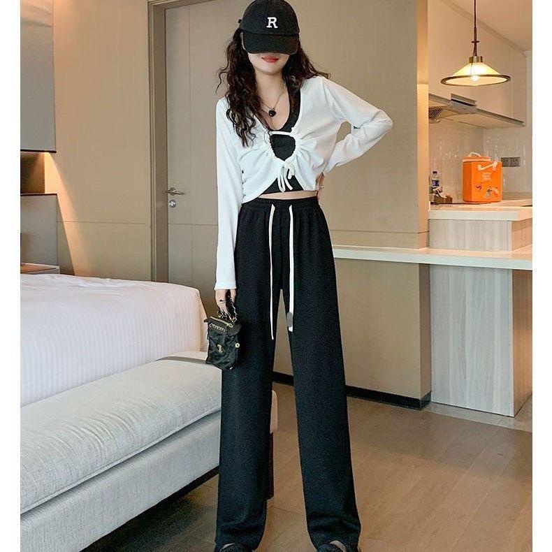 Quần Dài Vải Lụa Lạnh Mỏng Lưng Cao Ống Rộng Màu Đen Chống Nắng Thời Trang Mùa Hè Cho Nữ