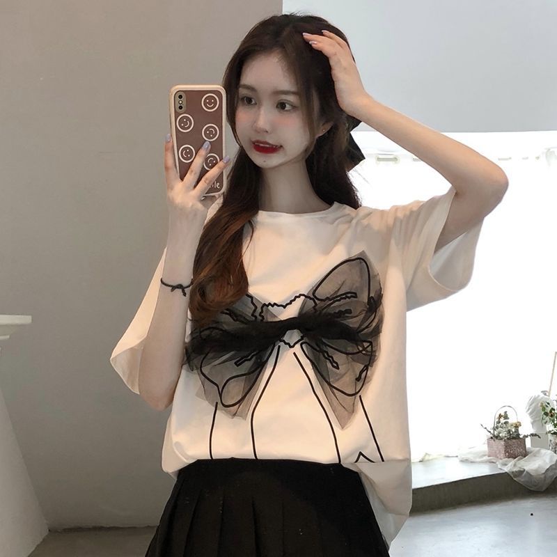 Áo Thun Cotton Tay Ngắn Dáng Rộng Phối Lưới Đính Nơ Thời Trang Mùa Hè Hàng Mới Dành Cho Bạn Nữ
