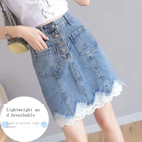 Chân váy jean Viền Ren Lưng Cao Dáng Chữ A Thời Trang Xuân Hè Hàn Quốc Mới 2023 Dành Cho Bạn Nữ