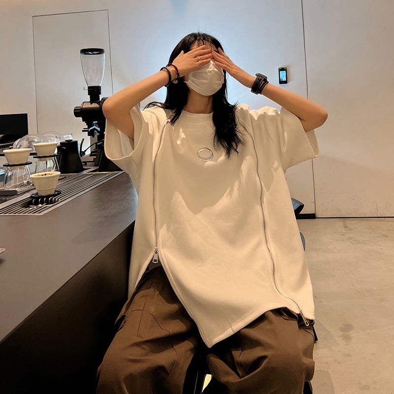 Áo Thun Tay Ngắn Cổ Tròn Dáng Rộng Phối Khóa Kéo Thiết Kế Không Đồng Đều Cao Cấp Thời Trang Mùa Hè Cho Nữ