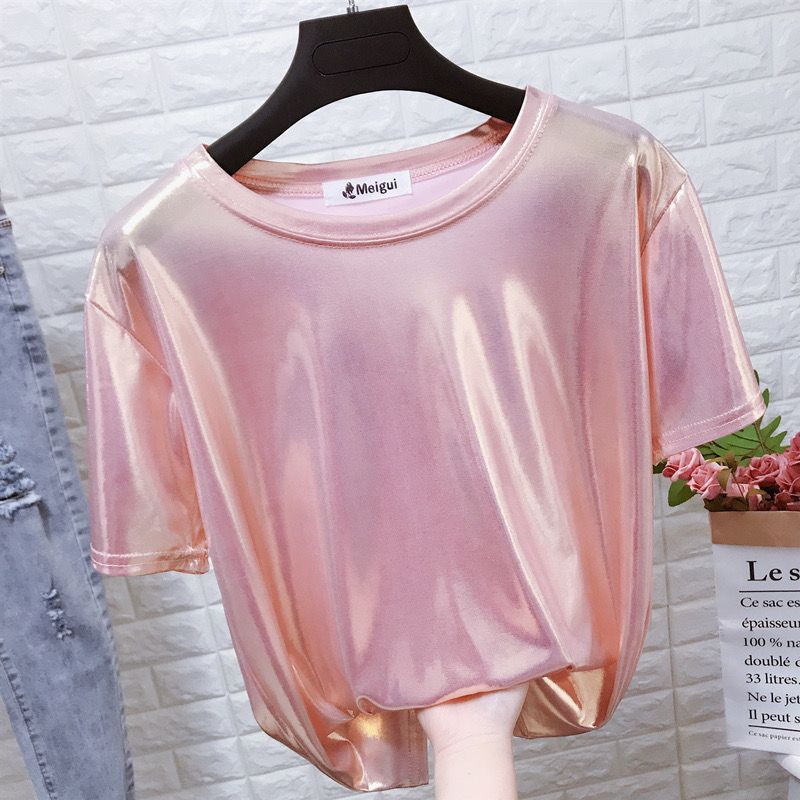 Áo Thun Tay Ngắn Cổ Tròn Dáng Rộng Màu Ánh Kim Lấp Lánh Phong Cách Mới Mùa Hè Cho Nữ