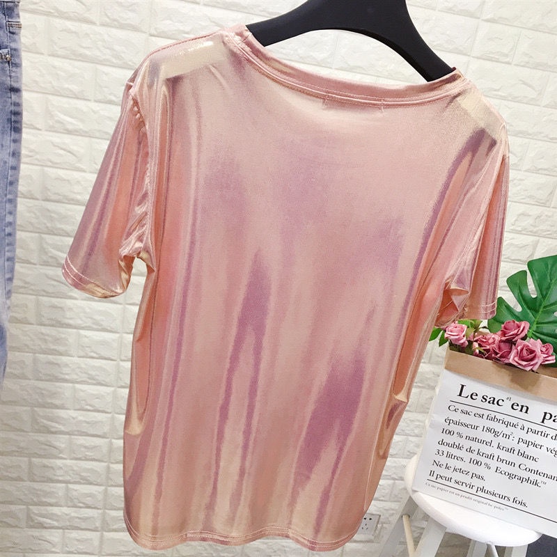 Áo Thun Tay Ngắn Cổ Tròn Dáng Rộng Màu Ánh Kim Lấp Lánh Phong Cách Mới Mùa Hè Cho Nữ