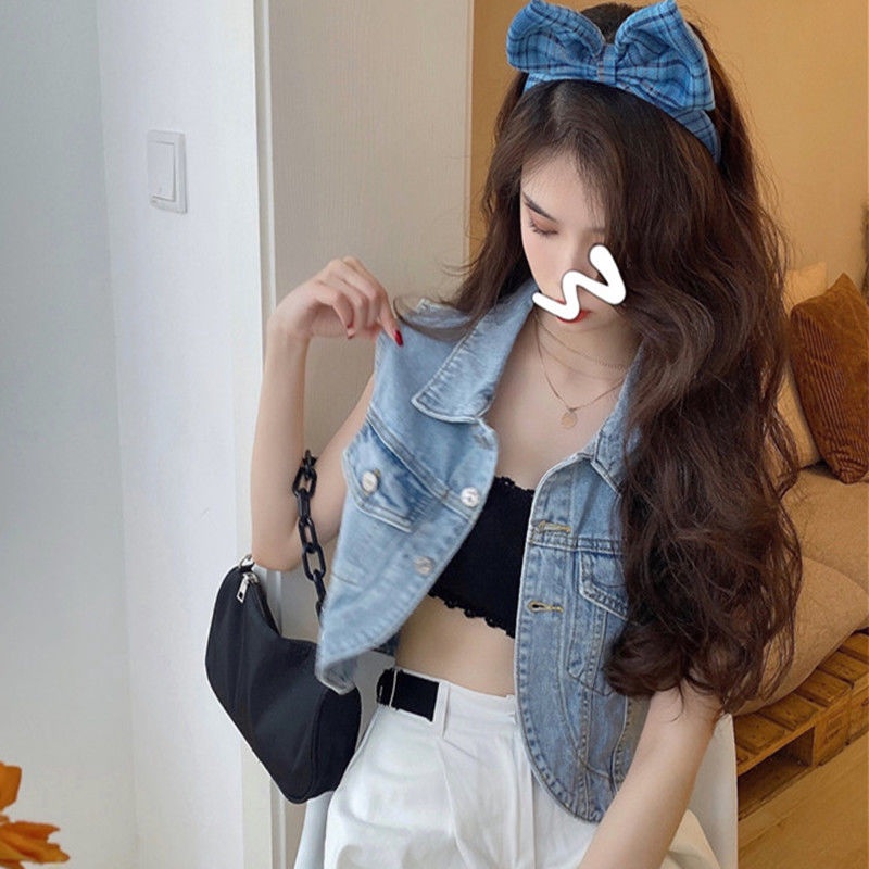 Áo Khoác Jean Ngắn Không Tay Lưng Cao Thời Trang Cho Nữ 5.225.22