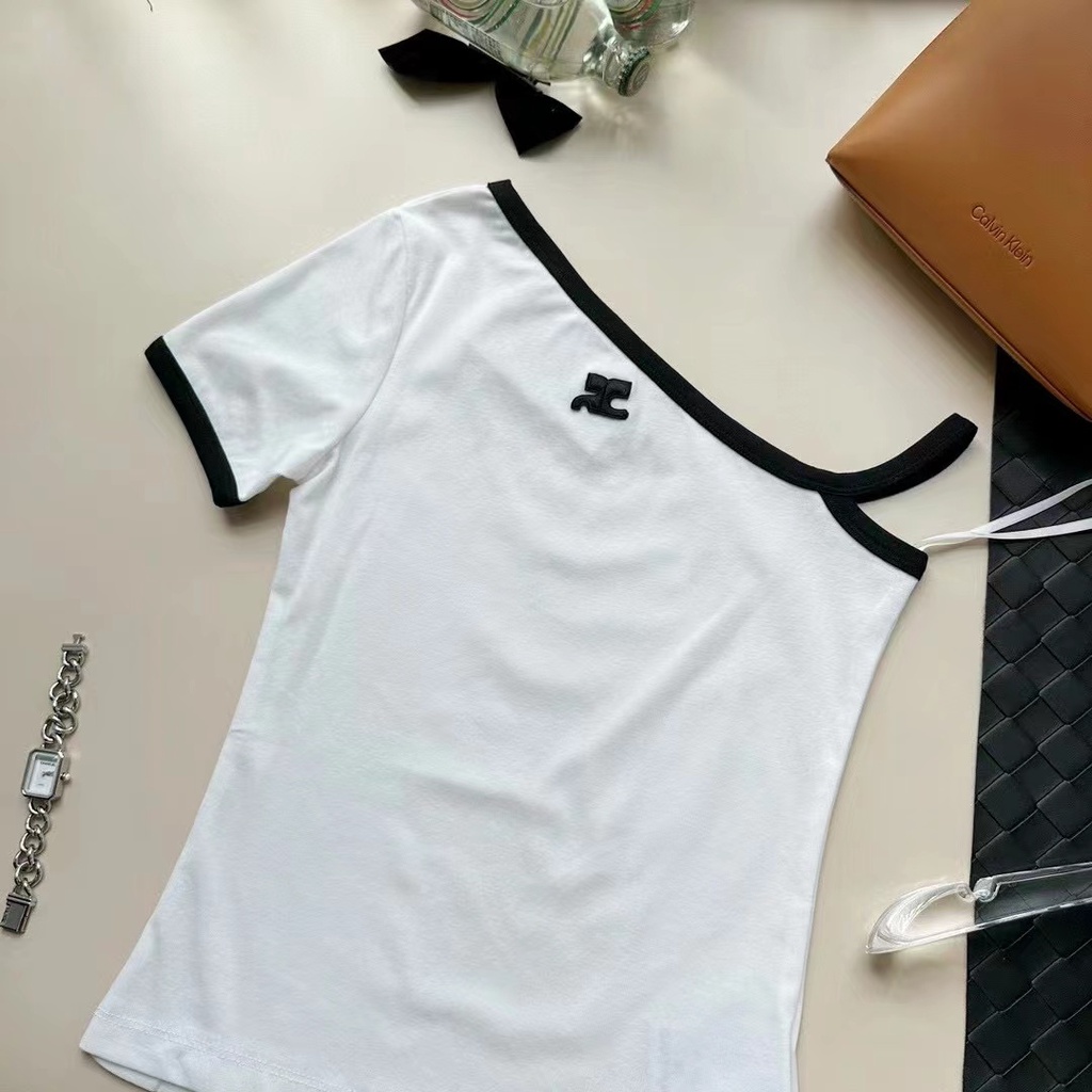 Courreges LE SSERAFIM Sakura Áo Thun Cotton Ngắn Tay Trễ Vai Thêu Họa Tiết Phong Cách Mỹ Cho Nữ