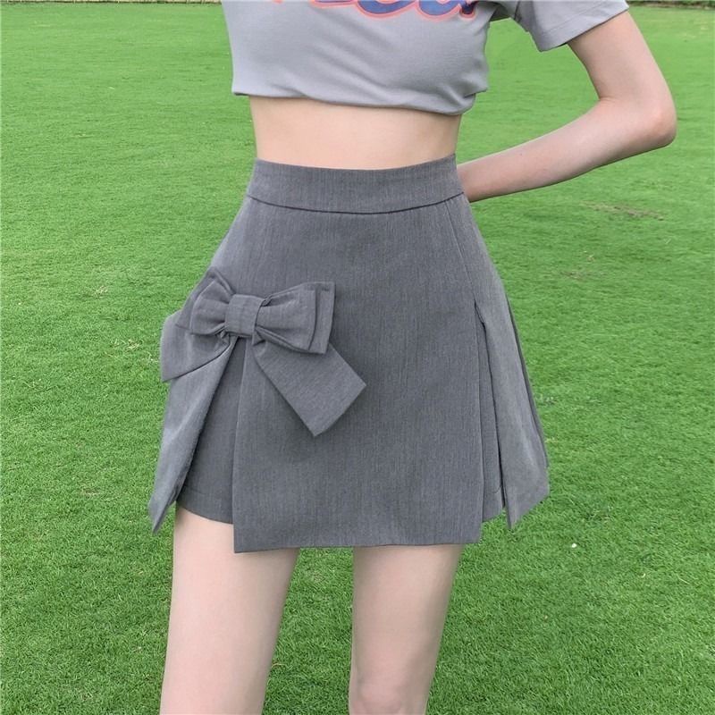 Khuyến Mãi Phong Cách Mới ~ Chân Váy Culottes Ngắn Màu Xám Đính Nơ Dành Cho Nữ Thiết Kế Niche Hot Girl