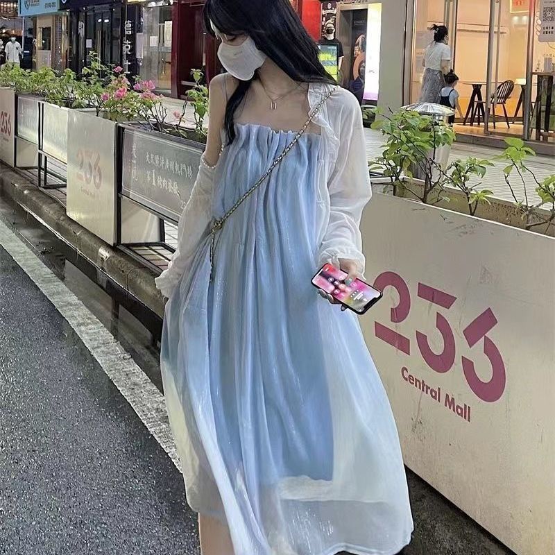 Hàng Mới Về ~ Đầm Dài Đến Giữa Bắp Chân Dáng Rộng Đính Ngọc Trai Màu Xanh Dương Phong Cách Hàn Quốc Thanh Lịch Dành Cho