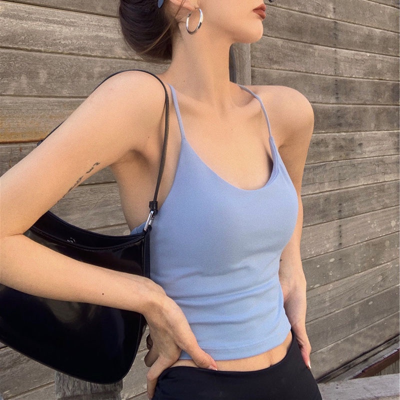 Áo Hai Dây Dáng Ngắn Hở Lưng Màu Trơn Quyến Rũ Thời Trang Hàn Quốc Dành Cho Nữ Mặc Ngoài Nhà Búp Bê Barbie / Lõi Bú