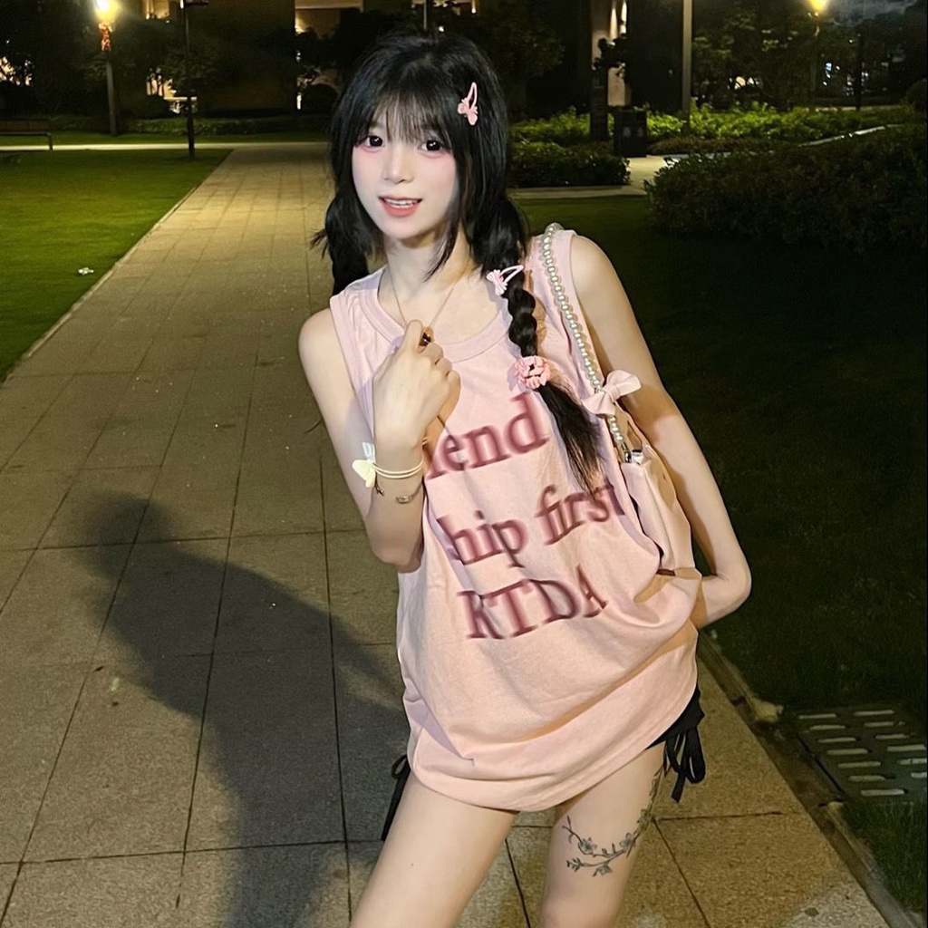 Áo Thun Cotton Không Tay Dáng Rộng In Chữ Thời Trang Mùa Hè Cho Nữ