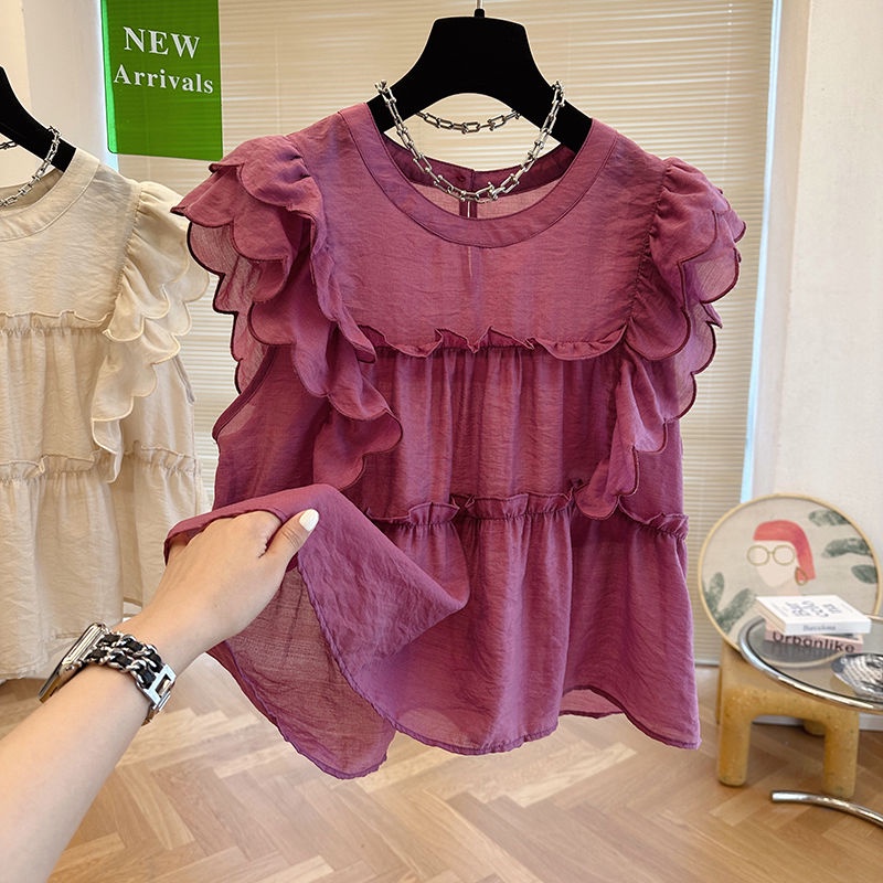 Áo Kiểu Sát Nách Cổ Tròn Nhún Bèo Dáng Rộng Phong Cách Âu Mỹ Thời Trang Mùa Hè Quyến Rũ Cho Nữ