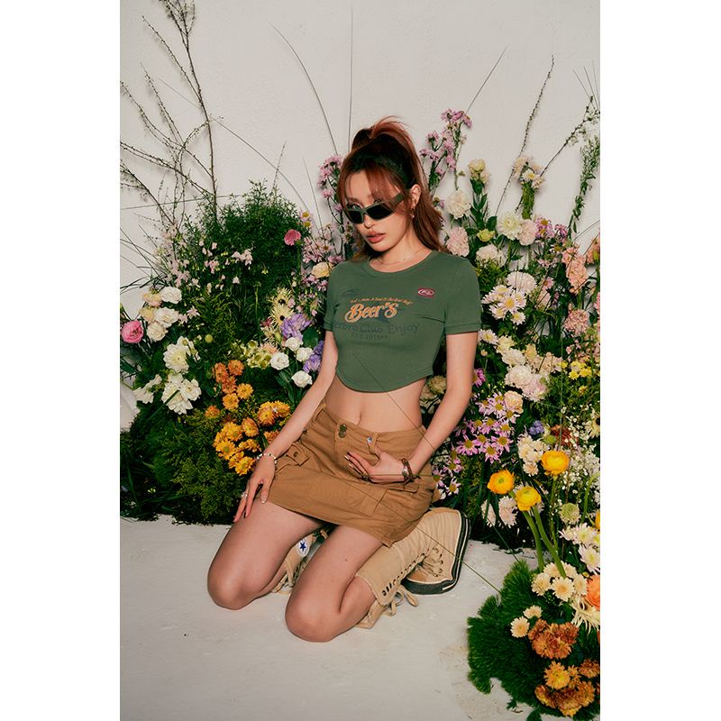 Áo Thun Tay Ngắn Viền Cong In Họa Tiết Phong Cách Retro Mỹ Thời Trang Cho Nữ